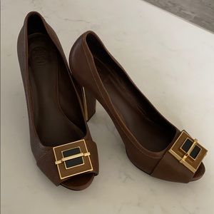 Tory Burch blown leather heels gold trim